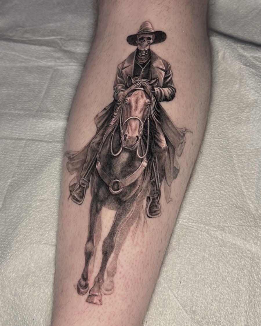 Black and grey skeleton rider on horseback, on a calf