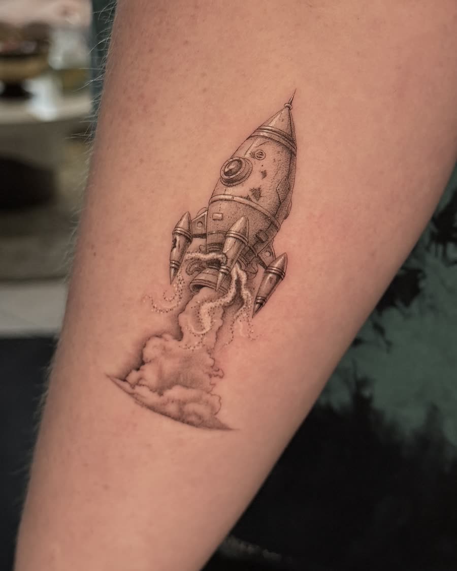 Single needle vintage rocket ship with smoke, on a calf