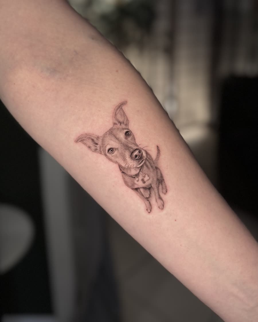 Fine line portrait of a terrier looking up, on a forearm